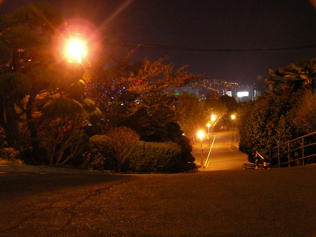 龍頭山公園の坂道と遠くに見える夜景